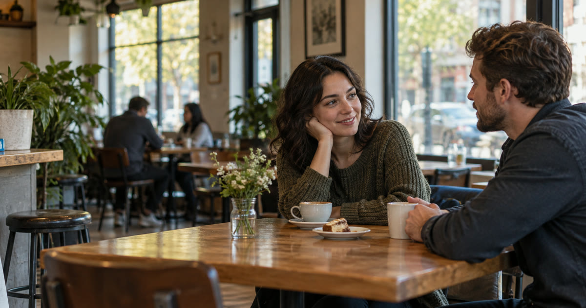 Two adults talking quietly at a small cafe table
