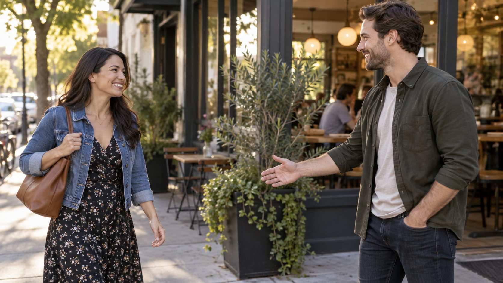 Two adults greeting each other respectfully outside a cafe