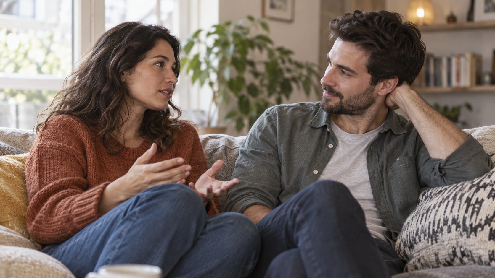 One partner listening closely while the other shares on a sofa