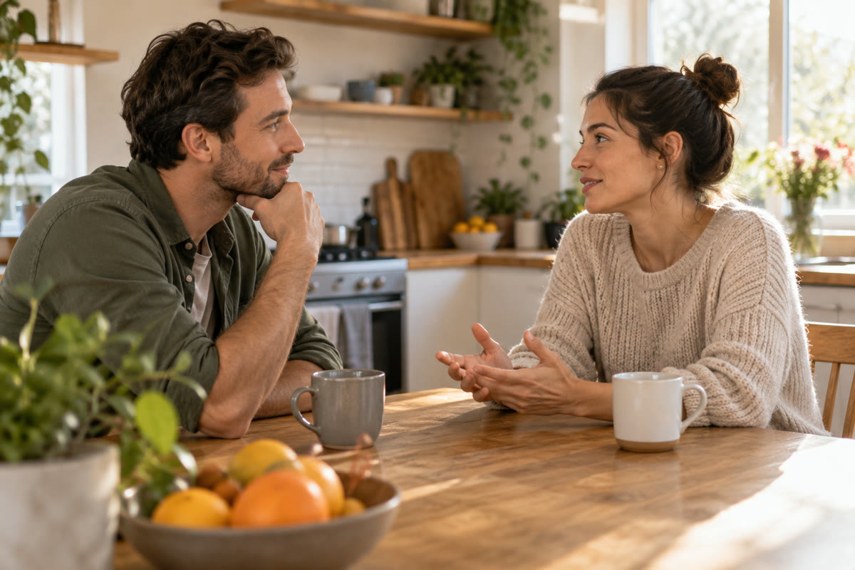 Two adults having an attentive conversation at home