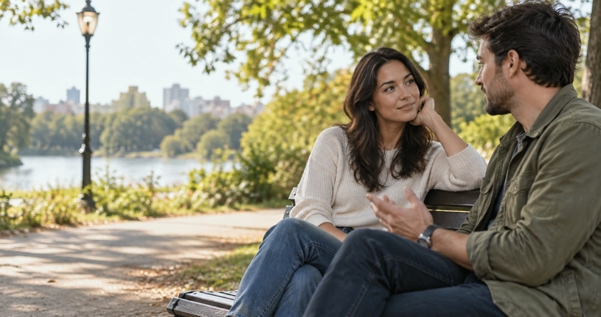 Two adults having a thoughtful conversation at a quiet table