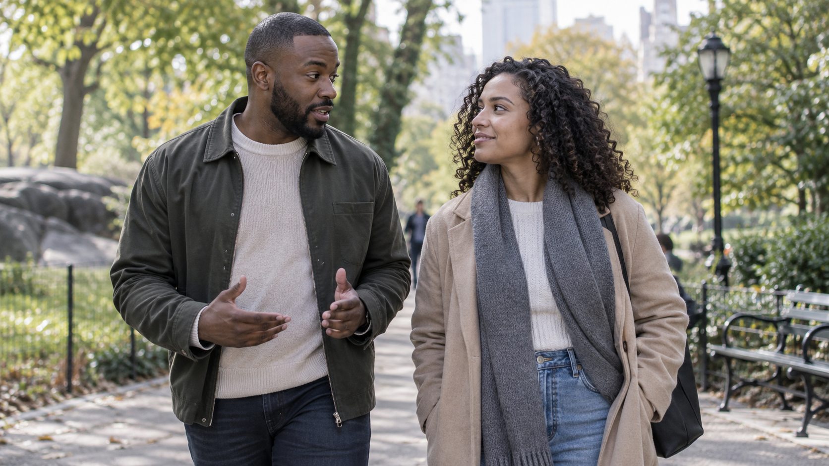 Two partners talking thoughtfully while walking through a park