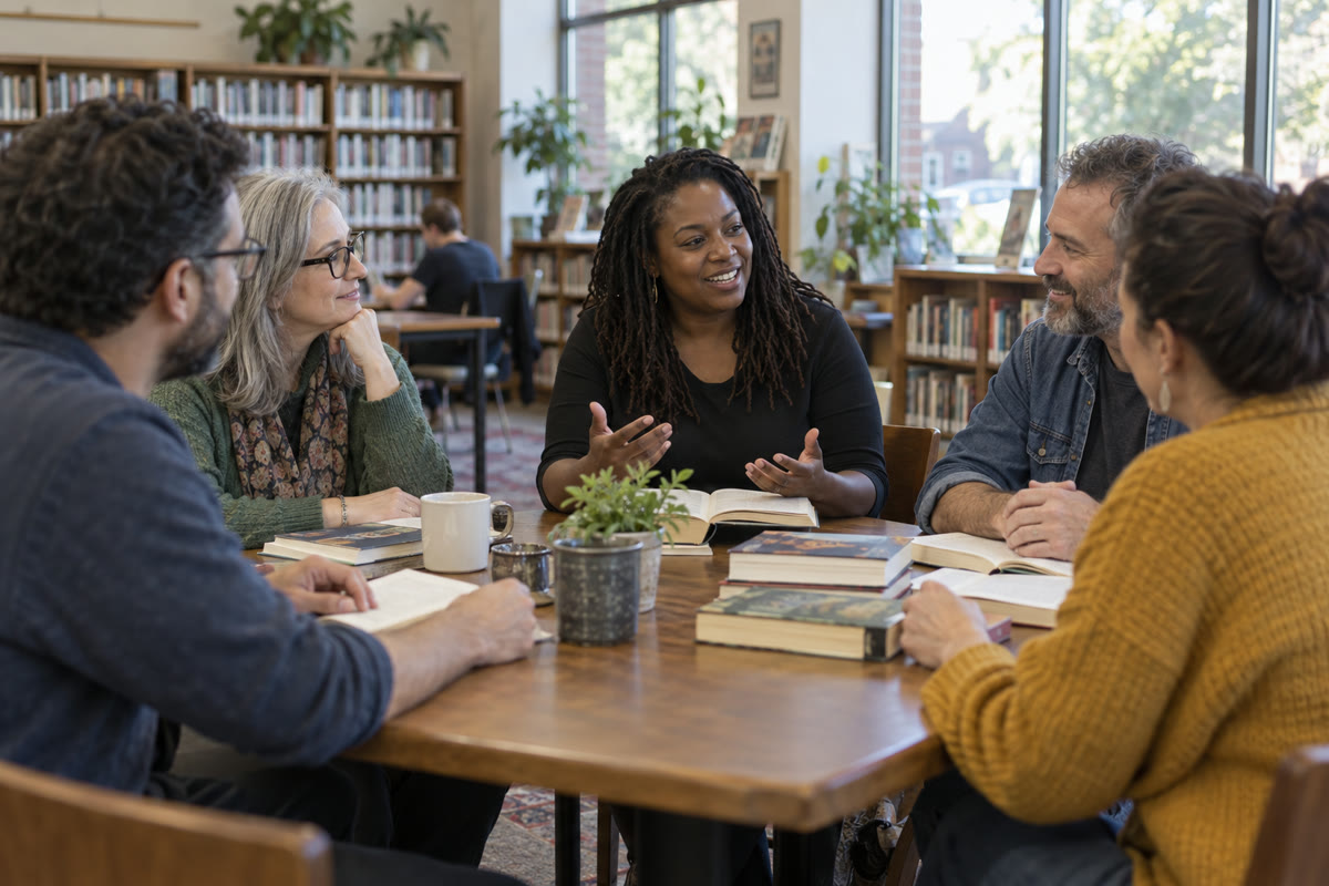 Adults talking at a public library book group