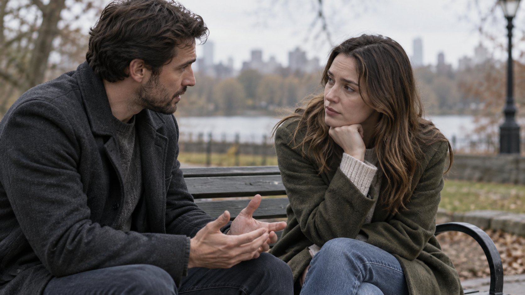 Partners having a serious, respectful conversation on a park bench