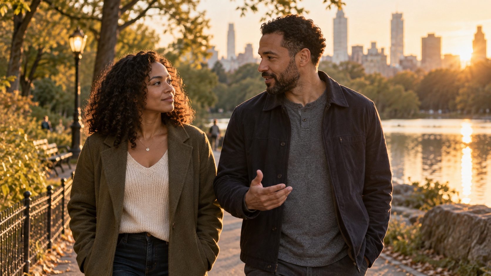 Couple talking attentively while walking through a park