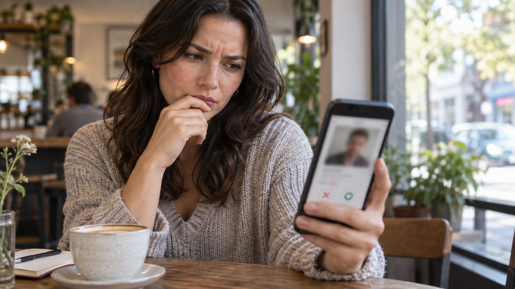 Person carefully reviewing a dating profile on a phone